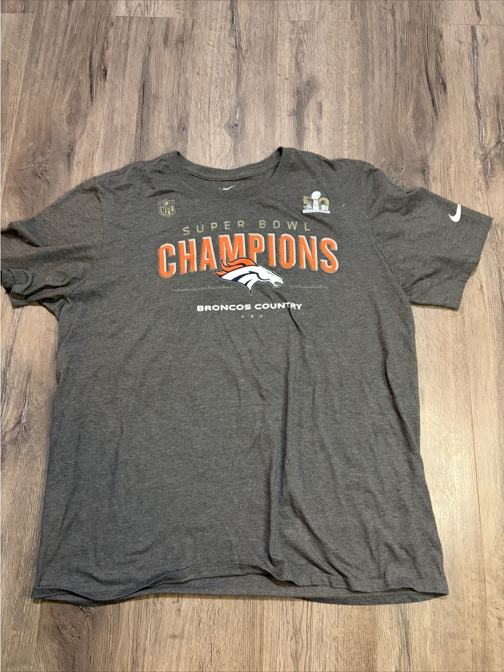 Nike Gray Denver Broncos Super Bowl Champions Tee with Orange Accents